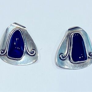 RARE Vintage MCM H. Fred Skaggs Sterling Silver and Blue Glass Art Earrings